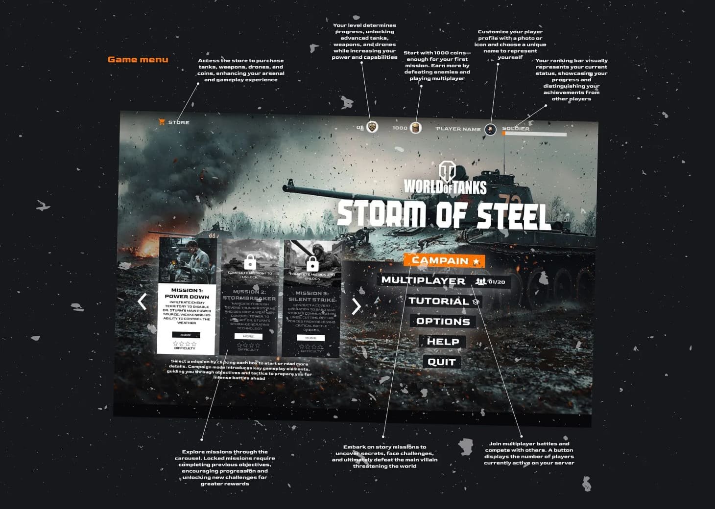 Storm Of Steel game design / ui/ux detail screen